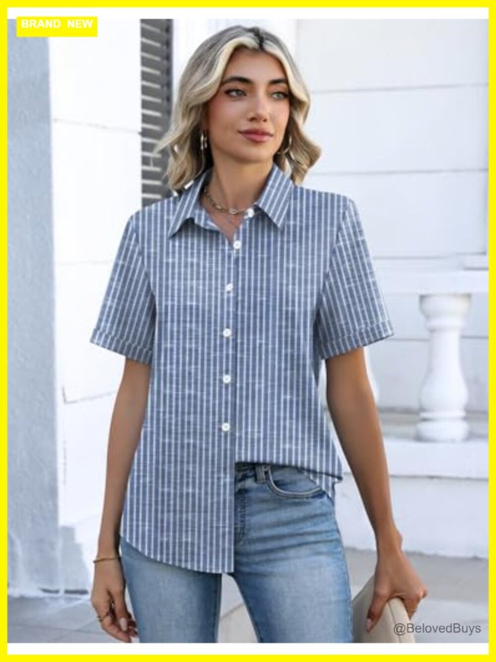 Women's Button Down Short Sleeve Blouse Dressy Casual V-Neck with Roll-Up Cuffs - Picture 3 of 4